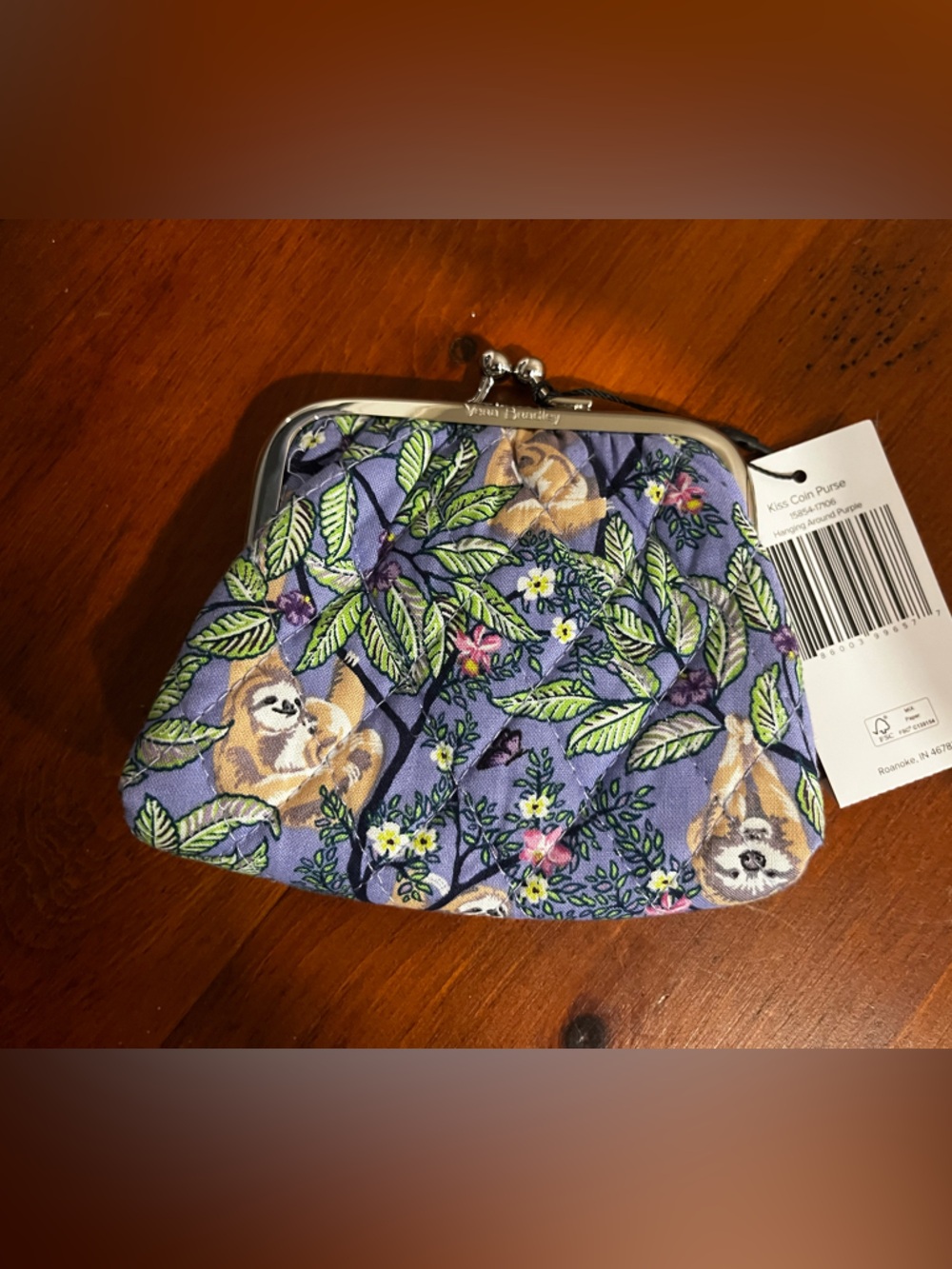NWT Vera Bradley Sloth “Hanging around purple” kiss lock coin change purse